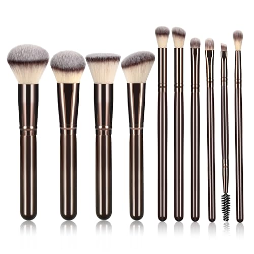 10-Piece Makeup Brush Set with Synthetic Bristles & Wooden Handles