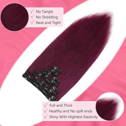 ShowJarlly Clip in Hair Extensions Real Human Hair 16 Inch Straight Clip Ins 8 Pcs Brazilian Remy Hair Extensions for Women #99J Burgundy