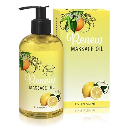 Renew Massage Oil with Orange, Lemon & Peppermint Essential Oils - Great for Massage Therapy or Home use. Ideal for Full Body ? with Almond, Grapeseed & Jojoba ? by Brookethorne Naturals