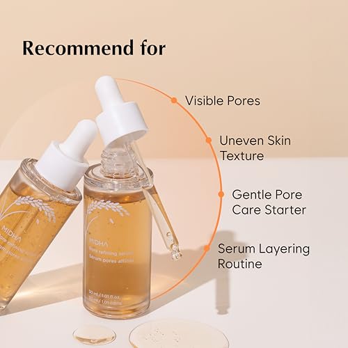 MIDHA RICE PORE REFINING SERUM, 1.01fl.oz/30ml,Pore care, Enlarged pore solution, Pore refining skincare, Lightweight, Smooth skin formula, Hydrating, Daily exfoliating essence
