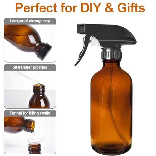 8oz Amber Glass Spray Bottles - 2 Pack Empty Refillable Bottles for Cleaning, Hair Care, Essential Oils, Plants - Includes Durable Nozzle, Labels, Funnel & Dropper, Handheld Size