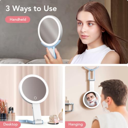 LitBear Travel Makeup Mirror with Lights - White Blue, Dimmable 10X/1X Magnifying Portable Mirror