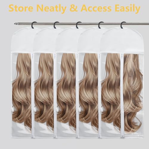 5Pcs Hair Extension Storage Bags with Hanger - Dust-Proof Wig Organizer