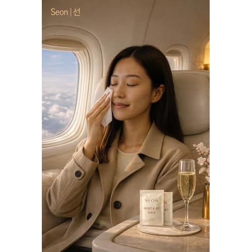 SEON Reset & Jet Korean Skincare Facial Wipes. Rice Water Infused Cleansing Cloths, Individually Wrapped, Travel Friendly (50 Count, Premium Magnetic Box.