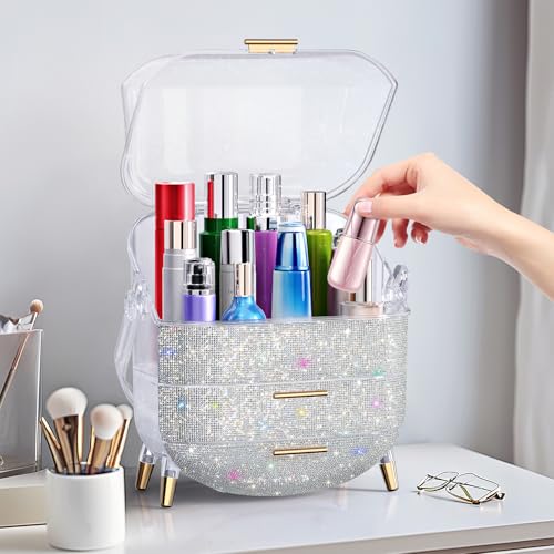 Makeup Organizer For Teen Girl Birthday Gifts, Cosmetic Display Cases with Transparent Cover, Skincare Organizers for Vanity, Perfume Organizer, Lotions Display Case, Lipstick Organizer (Rhinestone)