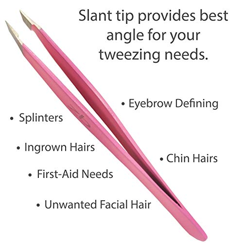 Tweezers ? Surgical Grade Stainless Steel - Slant Tip for Expert Eyebrow Shaping and Facial Hair Removal ? with Protective Pouch (Bubblegum Pink)
