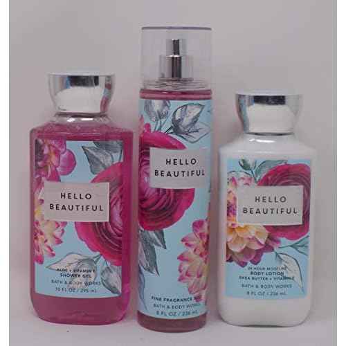 Hello Beautiful (White Gardenia, Jasmine, Magnolia, Pink Nectarine, Cotton Musk) Lot of Three Full Size 1- 10 oz Shower Gel, 1- 8 oz Body Lotion, and 1- 8 oz Fine Fragrance Mist
