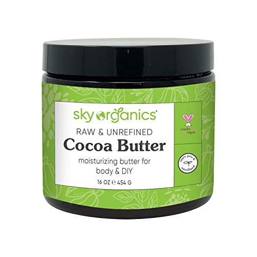 Sky Organics Cocoa Butter for Body, 100% Raw & Unrefined Ultra-Moisturizing Butter to Deeply Hydrate & Condition Skin, Promotes Smooth Skin Tone & Texture, Suitable for Tight or Extra Dry Skin, 16 Oz.