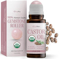 Castor Oil Roll On Eyelashes Eyebrows - 100% Pure Natural USDA Organic Cold Pressed - Hydrating Skin Hair Growth Oil Lashes - Non-GMO Hexane Free Unrefined - Natural Stone Roller Amber Glass 1.7 Fl Oz