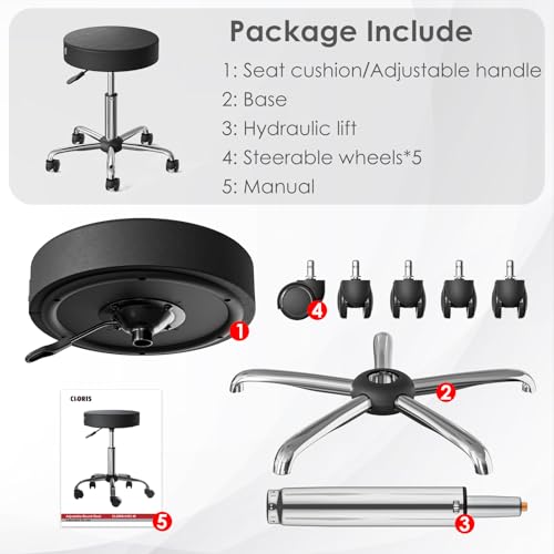 CLORIS Round Rolling Stool Hold up to 400 LBS Height Adjustable Swivel Chair Metal Feet with Wheels for Spa, Massage, Salon, Home, Office, Medical, Tatoo, Bar Black