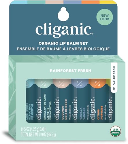 Cliganic Organic Lip Balm Set (2 Packs of 6 Tubes), 100% Natural Moisturizer for Cracked & Dry Lips (Packaging May Vary)