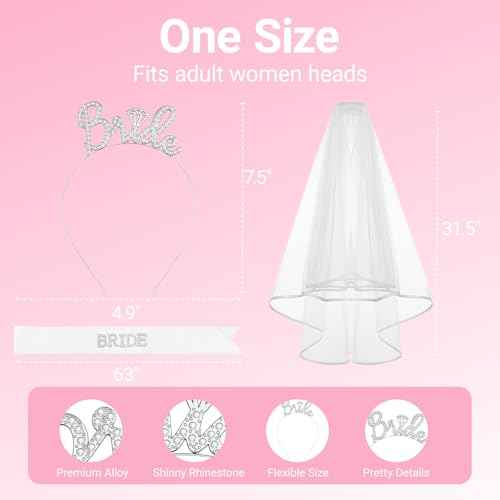 3Pcs Bride to Be Headband with Sash and Veil for Bachelorette Party Decorations, Bridal Shower Accessories for Gift, Favors - Silver