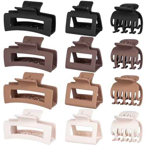 3 Styles Hair Clips for Women - 12 PCS Small Medium Big Claw Clips for Thin Thick Hair, Neutral Colors