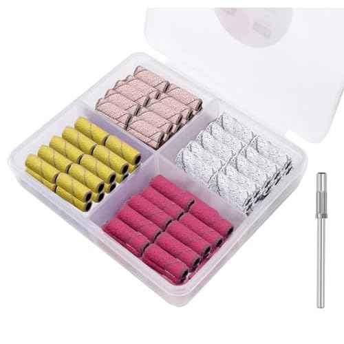 100Pcs Mini Nail Drill Sanding Bands with 3/32 Inch Mandrel Bit, 80/120/180/240 Grit Nail File for Acrylic Nails Gel Manicures and Pedicure