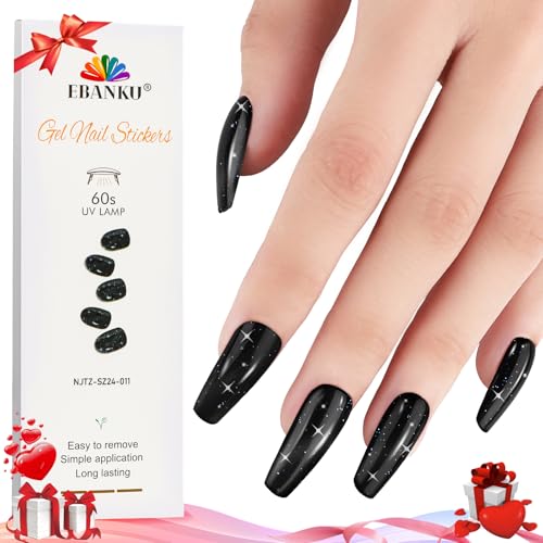 EBANKU 24 Pcs Semi-Cured Gel Nail Strips, Gel Wraps for Nails Stickers, Easy Apply & Remove for Salon-Quality Manicure, Nail Salon DIY with Nail File and Nail Stick UV/LED Lamp Required(Black Glitter)