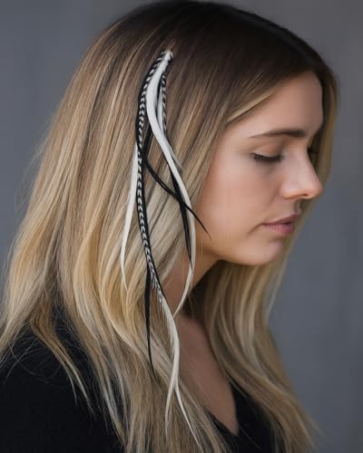 Feather Hair Extensions Real Rooster 7-11" Black Zebra