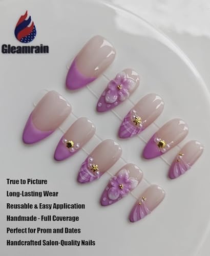 Purple French Tip Almond Press On Nails Medium Handmade