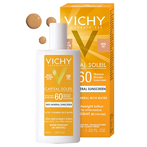 Vichy Capital Soleil Tinted Mineral Sunscreen for Face SPF 60, Titanium Dioxide Face Sunscreen, Travel Size Sunscreen, Water Resistant, Light weight Sun Protection Creams, Gels, & Lotions