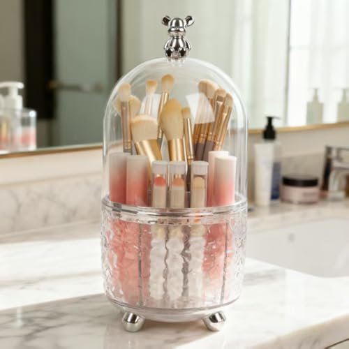 Dezzer Makeup Brush Holder with Lid, 360 Rotating Dustproof Make Up Organizers, 6 Slot Make up Brush Holder for Vanity Bathroom Countertop Office, Clear
