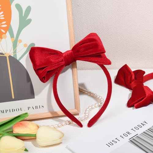 DEEKA Velvet Bow Headband 2 PCS Hair Band Hair Bows with bow Velvet Christmas Hair Accessories for Toddlers Women and Girls (Red)