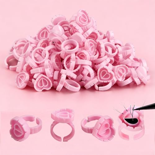 300Pcs Pink Heart Lash Glue Rings for Eyelash Extensions