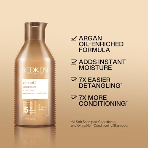 Redken All Soft Conditioner | For Dry / Brittle Hair | Moisturizes & Provides Intense Softness | With Argan Oil | 10.1 Fl Oz