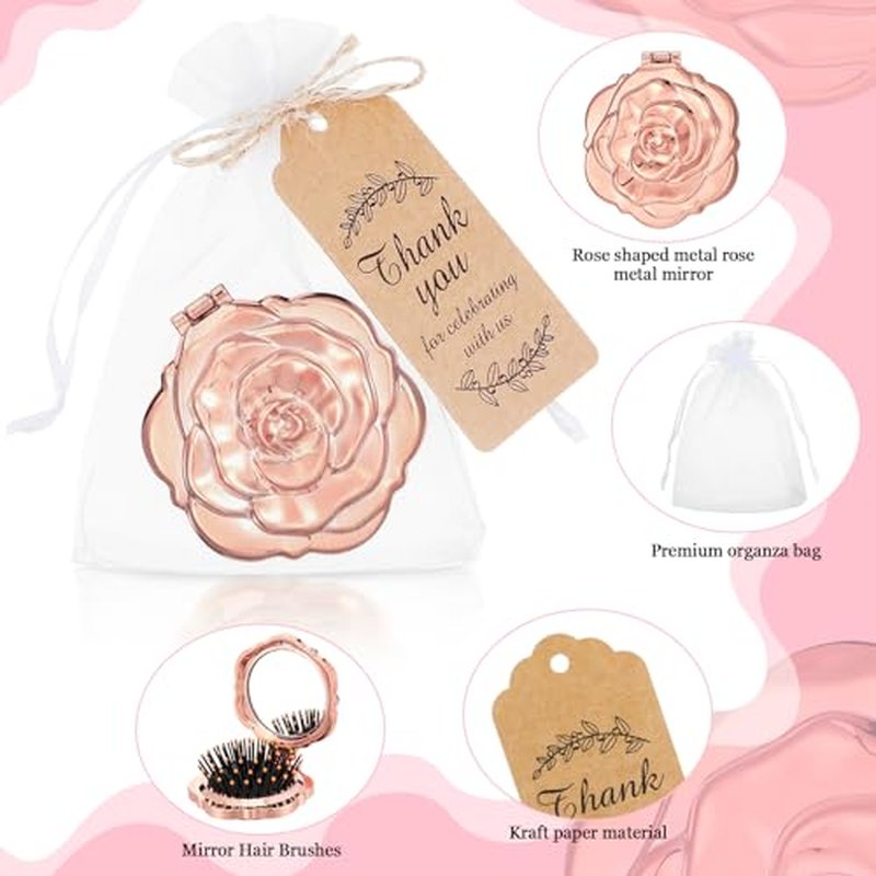 50 Sets Rose Compact Mirrors Brush Bulk Quinceanera Wedding Party Favors for Guests Rose Makeup Mirror with Thank You Tag Twine and Organza Bag for Bridal Shower Souvenir Gift