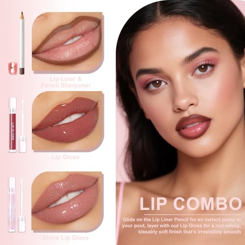 Makeup Kit: Brown Lip Liner, Pink Eyeshadow & Cream Blush Set