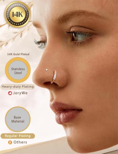 JeryWe 14K Gold Plated Nose Ring Set - Hypoallergenic Stainless Steel Hoop with CZ Lip Ring, L-Shaped Stud, Threadless Back