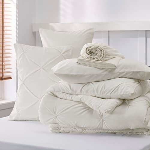 Bedsure Twin Comforter Set with Sheets - 5 Pieces Bedding Sets, Pinch Pleat Ivory Twin Bed in a Bag with Comforter, Sheets, Pillowcase & Sham