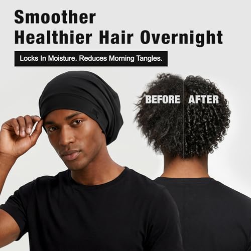 Srevela Black/Gray 2-Pack Satin Sleep Bonnet for Men & Women, Adjustable & Breathable Night Cap