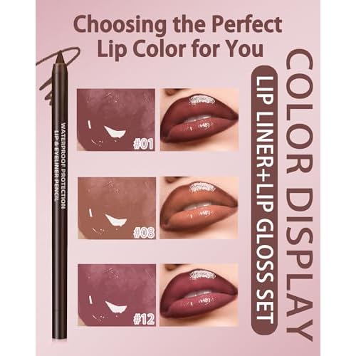 3Pcs Hydrating Lip Gloss with Brown Lip Liner Combo Set,Plumping Lip Liner Moisturizing Nude Tinted Lips Glow Oil,Lightweight Non Sticky Liquid Lipstick Women Lipstain Makeup Long Lasting Lipgloss-12