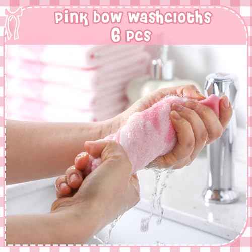 6 Pcs Pink Bow Washcloths 100% Cotton Wash Cloths 13" x 13" Coquette Small Face Towels Absorbent Soft Hand Bath Towels for Bathroom, Spa, Kitchen Drying Cleaning (Classic Style)
