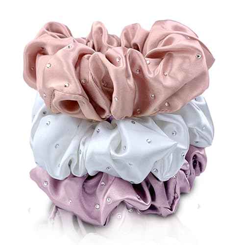 Celestial Silk Mulberry Silk Scrunchies for Hair (Lavender, White, Pink with Rhinestones)
