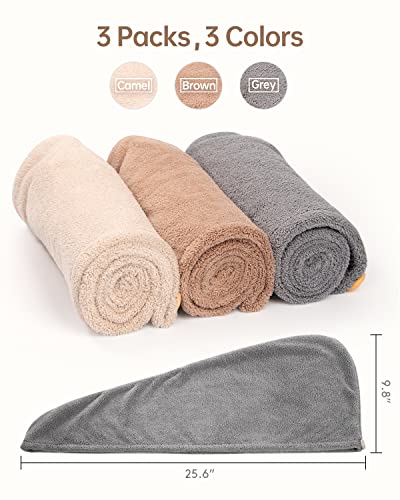YFONG Microfiber Hair Towel Wrap with Button, 3 Pack