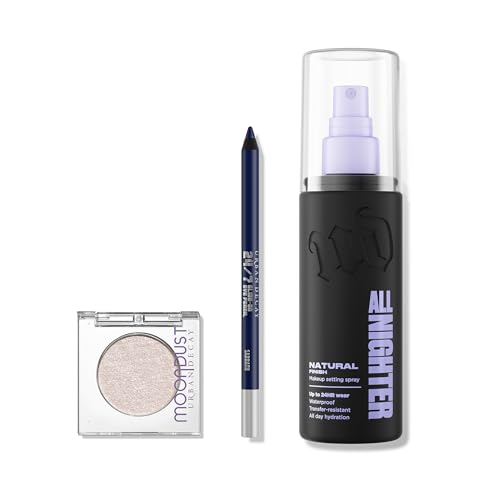 URBAN DECAY Icy Holiday Makeup Look (Frost Boss 3Pc Bundle) - Makeup Set for Eye + Face - All Nighter Setting Spray Natural, 24/7 Waterproof Eye Pencil, Moondust Glitter Eyeshadow Topper