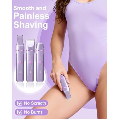 Bikini Trimmer for Women - Painless Electric Razors for Silk Skin,Cordless Electric Shaver for Trip,Replaceable Trimmer for Women,IPX7 Waterproof & Easy Cleaning,Ceramic Blade,USB Charge Dock Purple