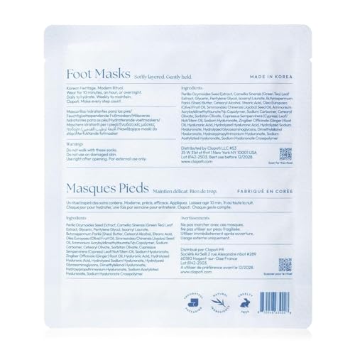 Clapoti Korean Foot Masks 0.9 Fl Oz - Natural Green Tea & Shea Butter, Deep Hydration & Softening, Vegan Treatment Socks for Dry Feet, 1 Pack