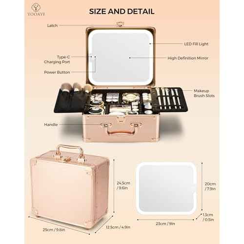 Makeup Box with Detachable Lighted Mirror?Travel Train Case, Cosmetic/Storage Organizer & Makeup Suitcase with Adjustable Dividers & Magnetic LED Mirror (Rose Gold)