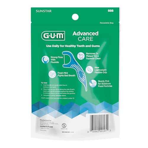 GUM Advanced Care Floss Picks - Dental Flossers for Adults with Vitamin E and Fluoride - Extra Strong Shred-Resistant Dental Floss, Easy Grip Handle, Fresh Mint Flavor, 150 Count (Pack of 4)