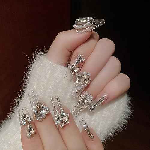 24Pcs Medium Press on Nails Large 3D Rhinestones Artificial Nails White Fake Nails Glossy False Nails Pearl Press on False Nails Handmade Manicure Designed for Beautiful Women Glitter