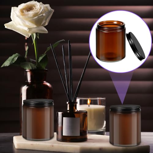 Lallisa 32 Pcs 8 oz Amber Glass Jars with Black Lids Round Glass Cosmetic Jars with Lids Empty Amber Containers Refillable Food Storage Containers for Spice Powder Liquid Sample Makeup