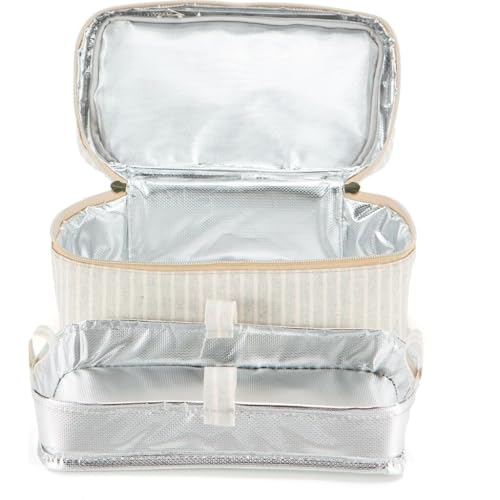 SoYoung Beauty Poche - Cosmetic Bag & Makeup Organizer for Travel, Three-Tiered, Linen/Cotton Exterior, Removable Tray, Machine Washable - Sand & Stone Beach Stripe