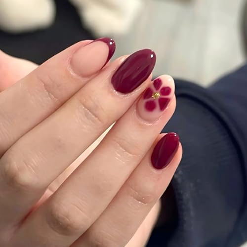 Burgundy Floral Press On Nails with French Tips - 24PCS