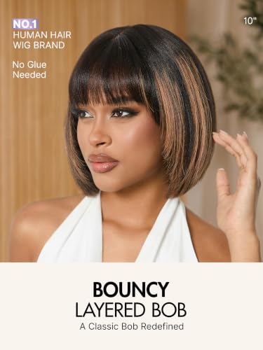 10 Inch Yaki Straight Bob Wig with Bangs & Brown Highlights