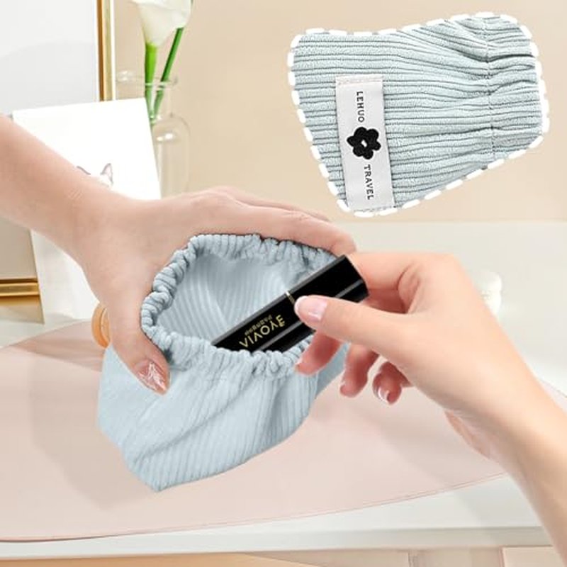 2pcs Corduroy Elastic Hair Tie Organizer Portable Travel Small Makeup Pouch Corduroy Lipstick Storage Bag for Hair Jewelry Lipstick Coin Purse for Women(Blue+White)