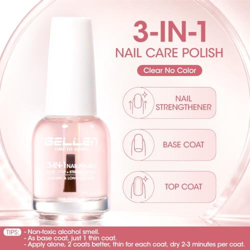 GELLEN 3-in-1 Clear Nail Strengthener Polish & Top Coat with Keratin