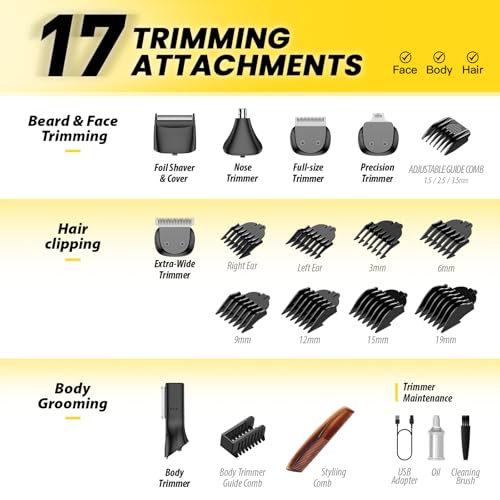 Cordless Beard Trimmer for Men, 17-in-1 Mens Grooming Kit, Electric Razor Shaver for Face Mustache Body & Nose Hair, with USB Charging Dock, IPX7 Waterproof, Gift for Dad Husband & Him