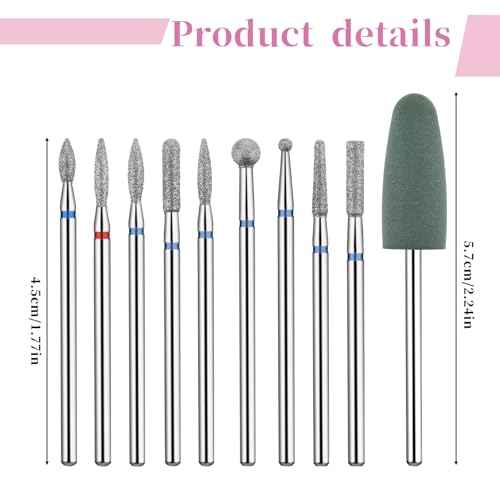 10 PCS Nail Drill Bits Set for Manicure, Professional Russian Manicure Nail Diamond Bits, Cuticle Remover Nail Products for Manicure Pedicure for Home and Nail Salon