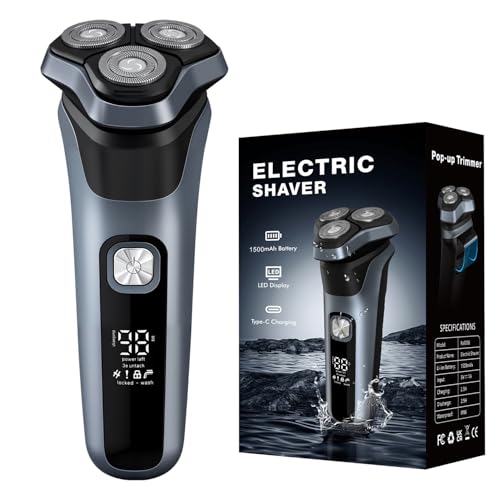 Electric Shavers for Men, 150-Min Runtime, Wet/Dry Electric Razor with Waterproof Design, Pop-Up Trimmer, Magnetic Detachable Blade Heads, LED Display, Smoothly Adheres to Sensitive Skin, Blue